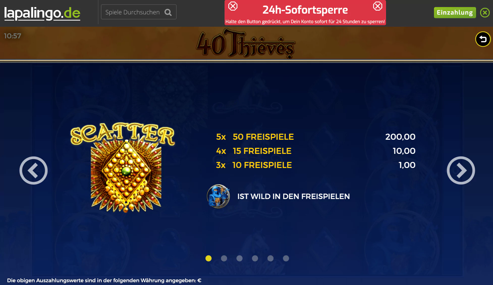 Bally Wulff 40 Thieves Paytable 1