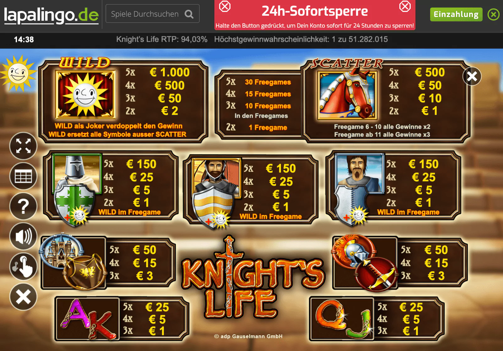 Merkur Knight's Life Paytable