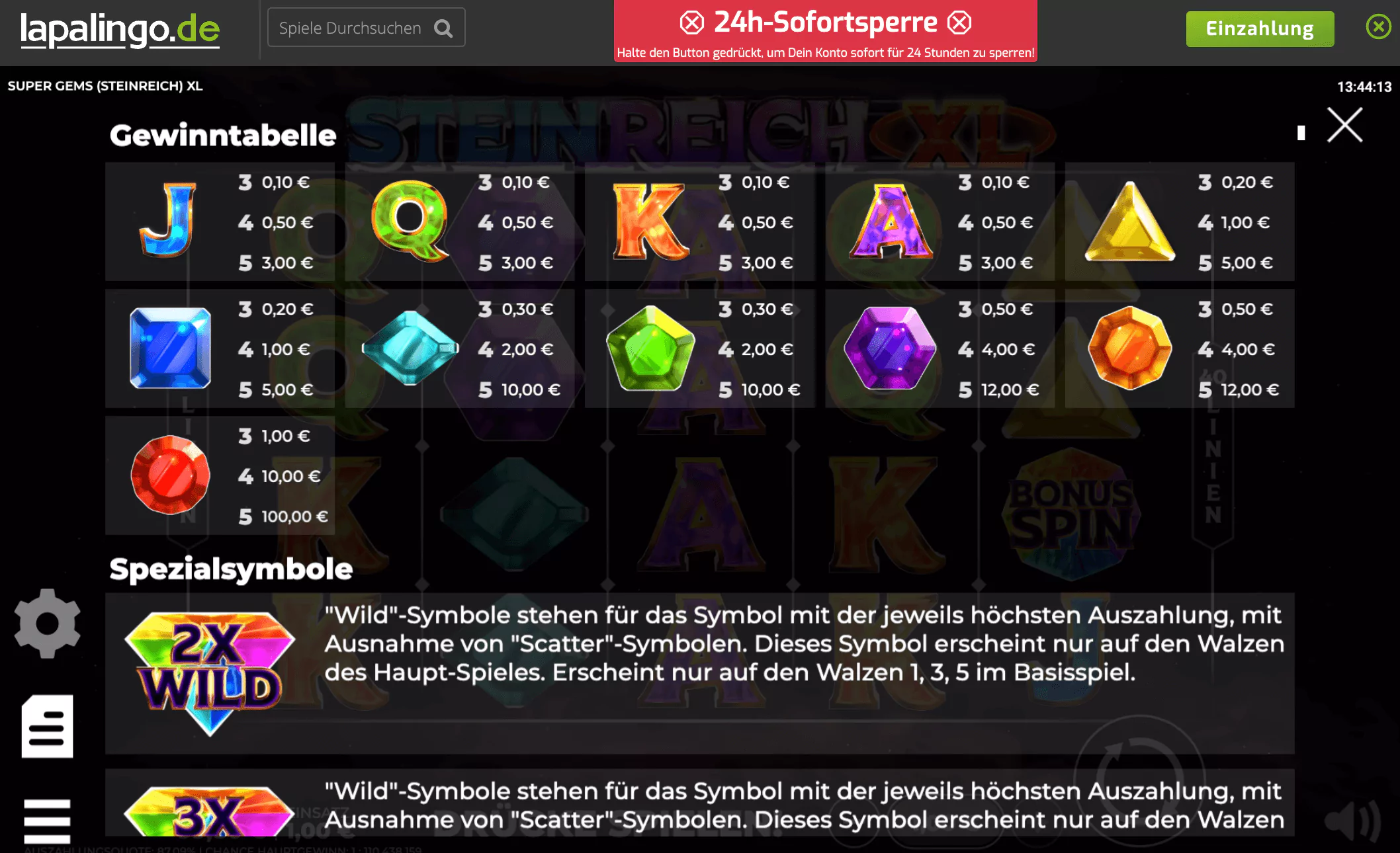 Hölle Games Super Gems (Steinreich) XL Paytable