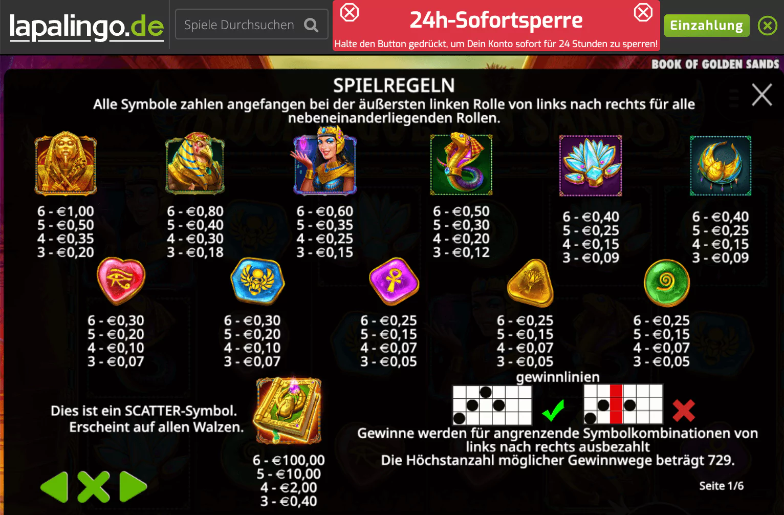 Pragmatic Play Book of Golden Sands Paytable