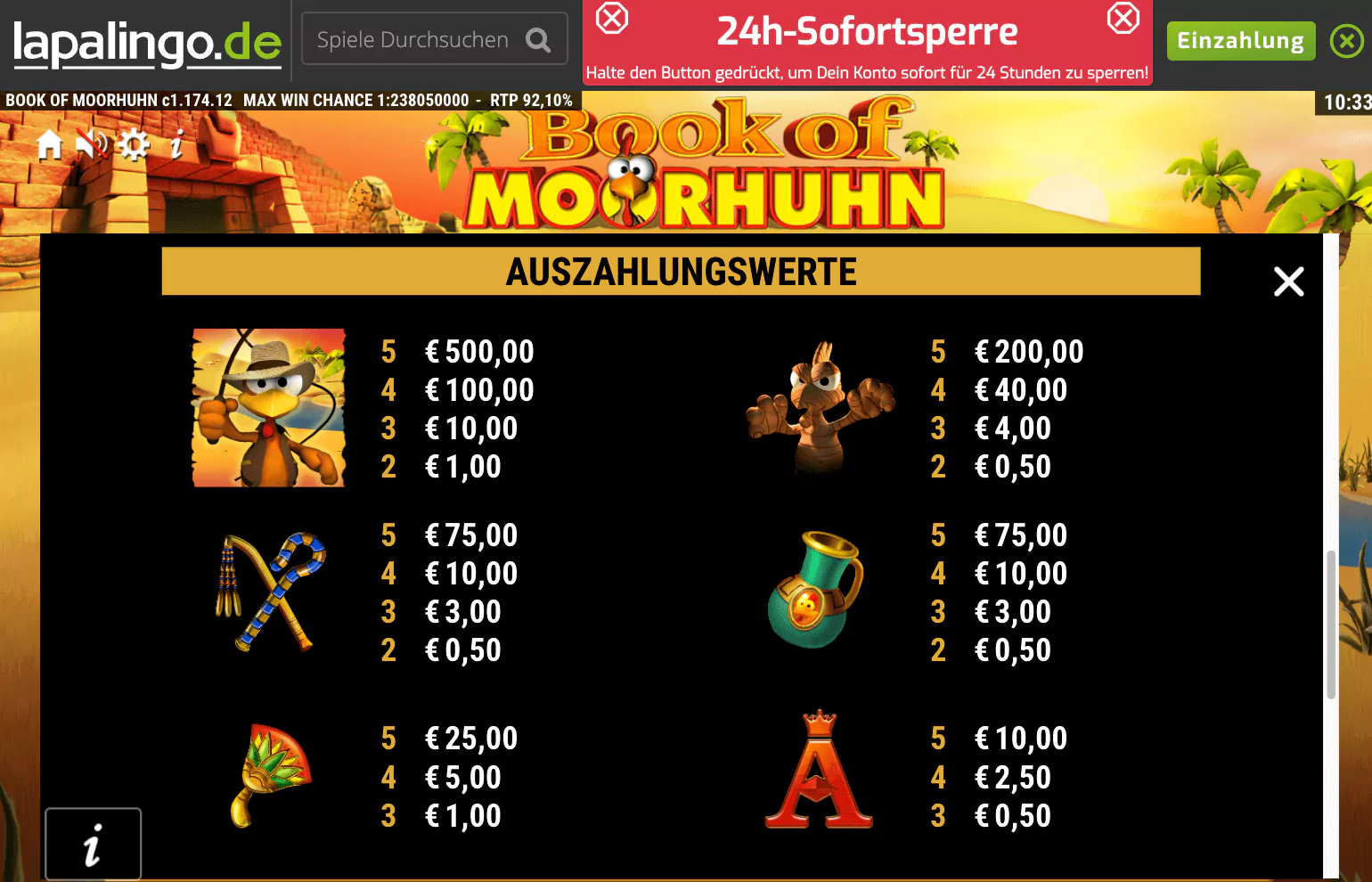 Gamomat Book of Moorhuhn Paytable