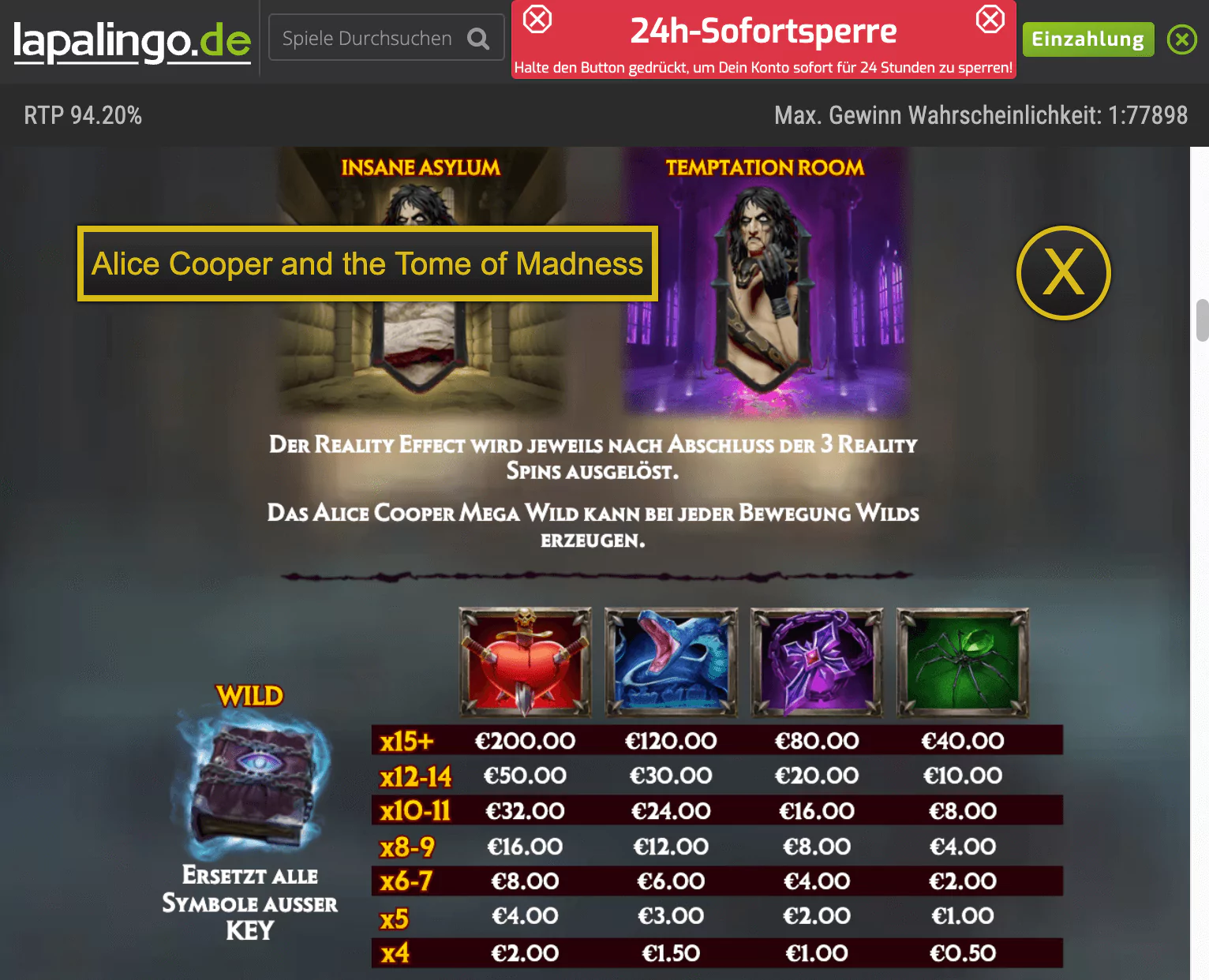 Play´n GO Alice Cooper and the Tome of Madness Paytable 1