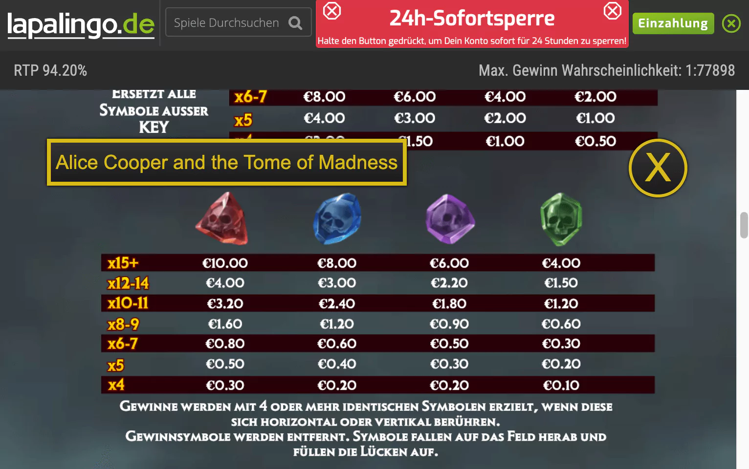 Play´n GO Alice Cooper and the Tome of Madness Paytable 2