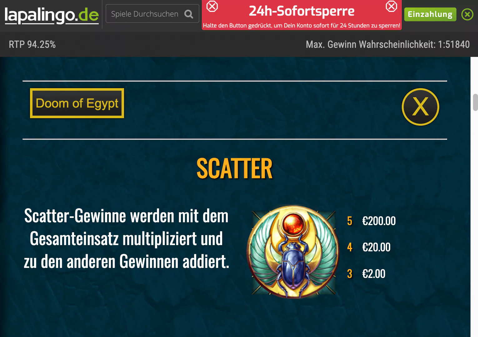 Play´n GO Doom of Egypt Paytable 1